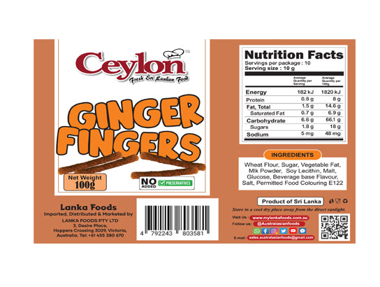 CEYLON 100g GINGER FINGERS