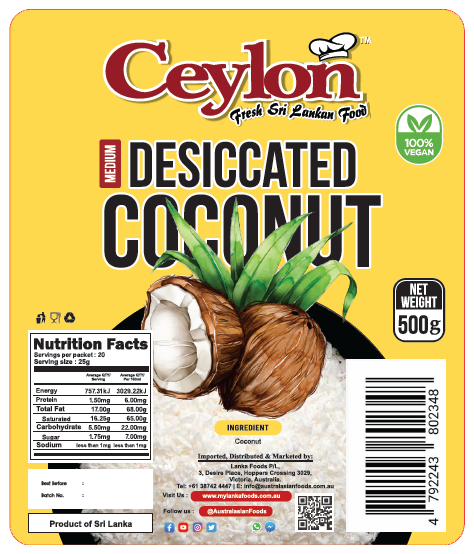 CEYLON 500g DESICCATED COCONUT (MEDIUM)